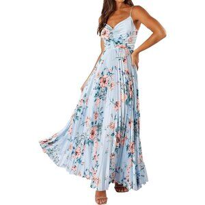 Women's A-blue Floral Polyester Pleated Adjustable Spaghetti Strap Maxi Dress